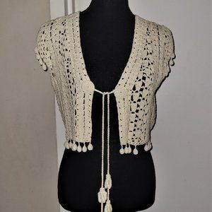 Nanette Lepore Boho Cream Crochet Tassel Vest - S